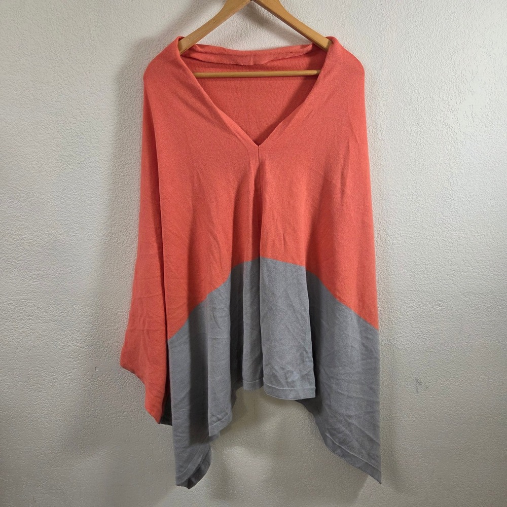 Tickled Pink Orange Gray Colorblock V-Neck Cotton Knit Poncho Wrap OS